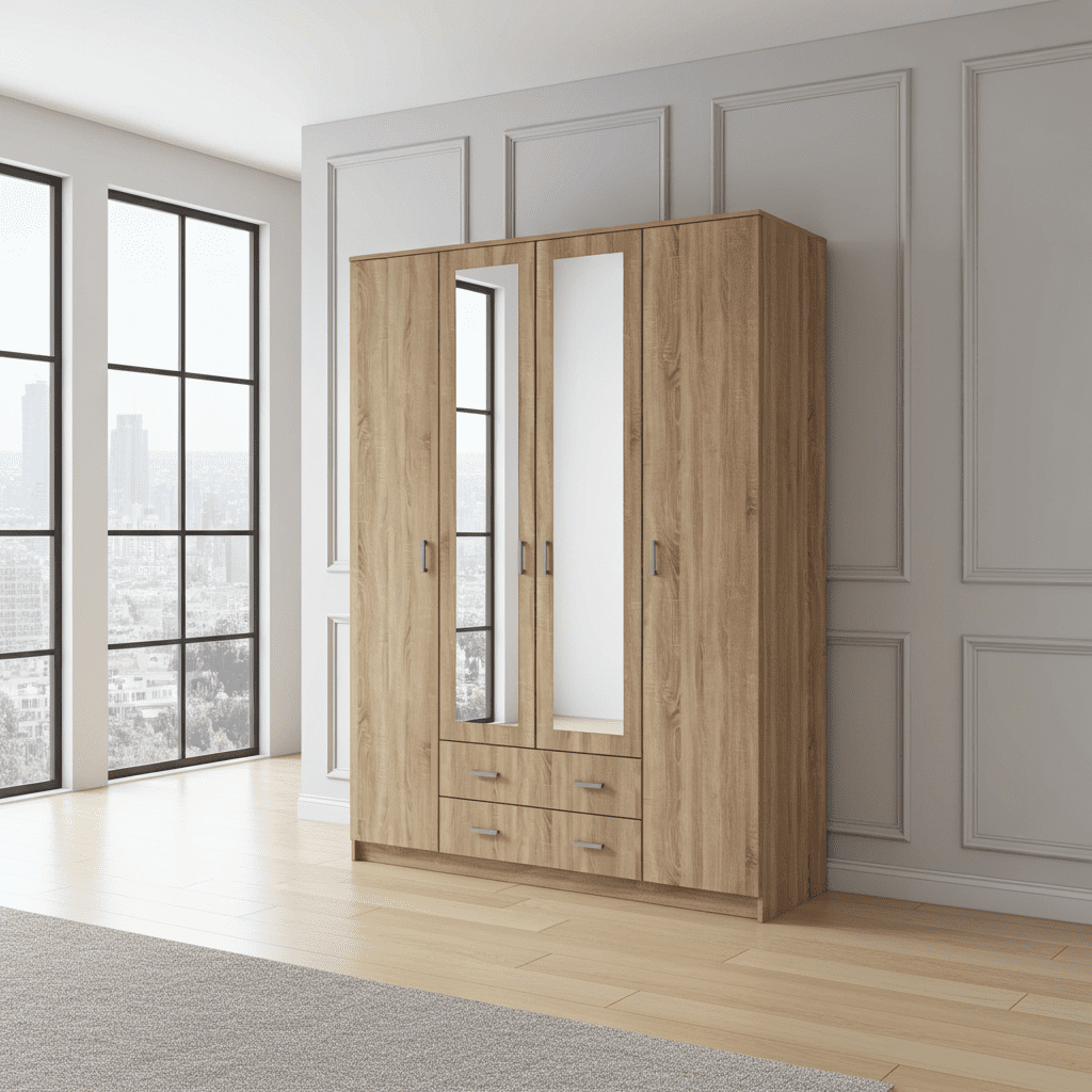 Miami Sonoma oak effect four-door wardrobe with mirrored doors and two drawers