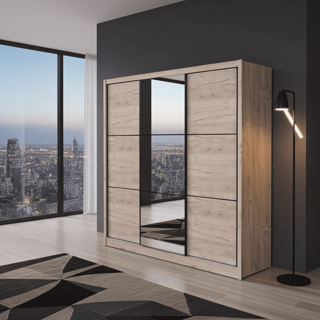 Navara oak effect 236cm three-door sliding wardrobe with mirrored centre door