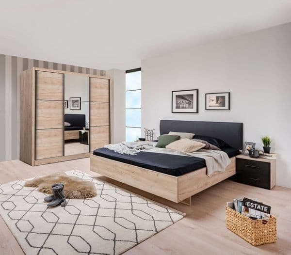 Navara oak effect 236cm three-door sliding wardrobe with mirrored centre door