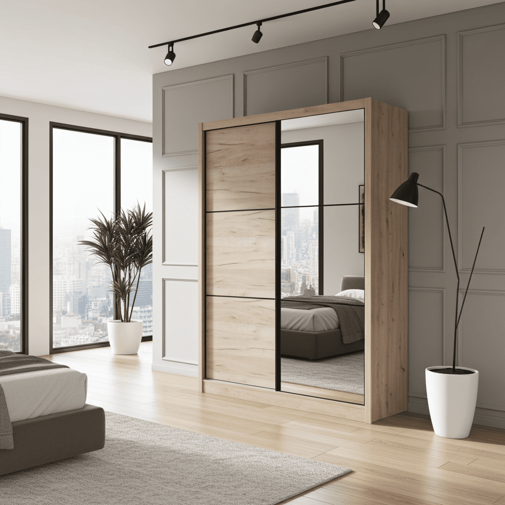 Navara oak effect 166cm two-door sliding wardrobe with full-length mirror