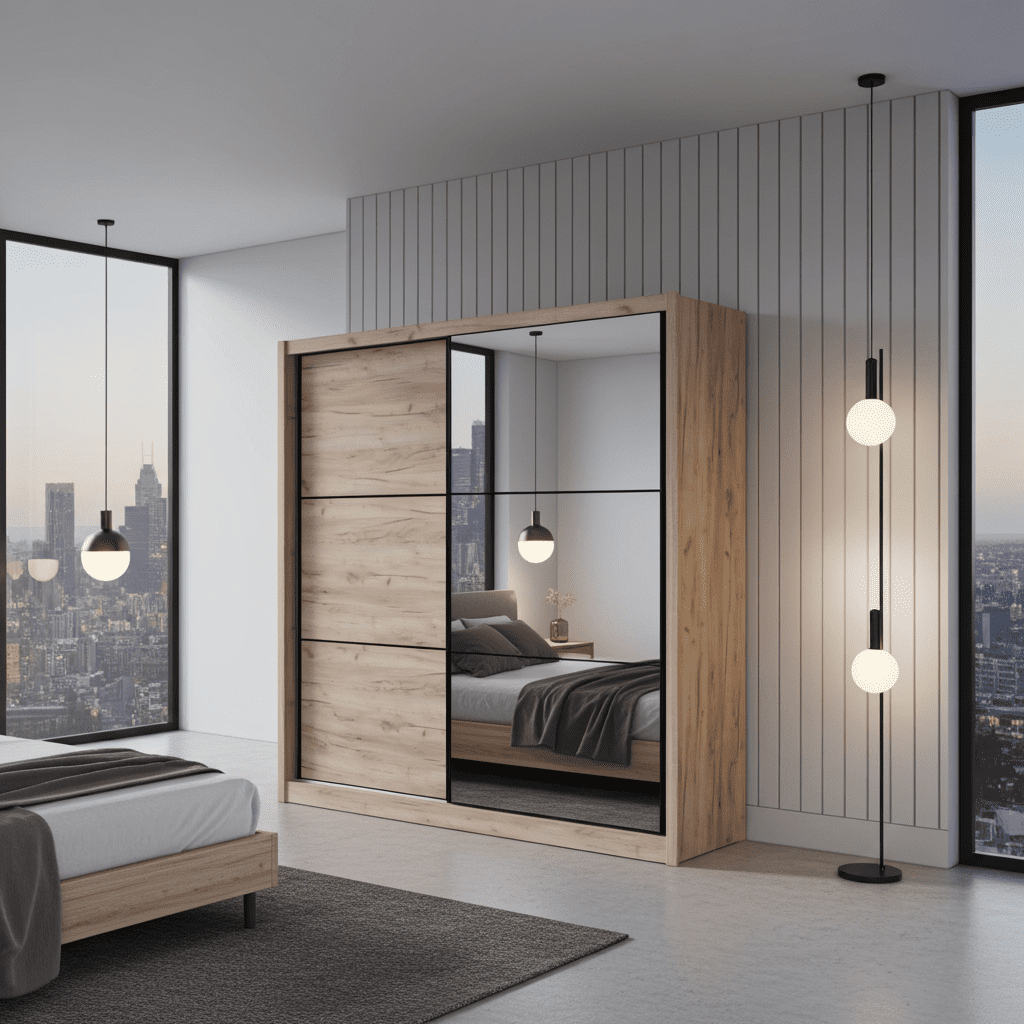Navara oak effect 215cm two-door sliding wardrobe with full-length mirror