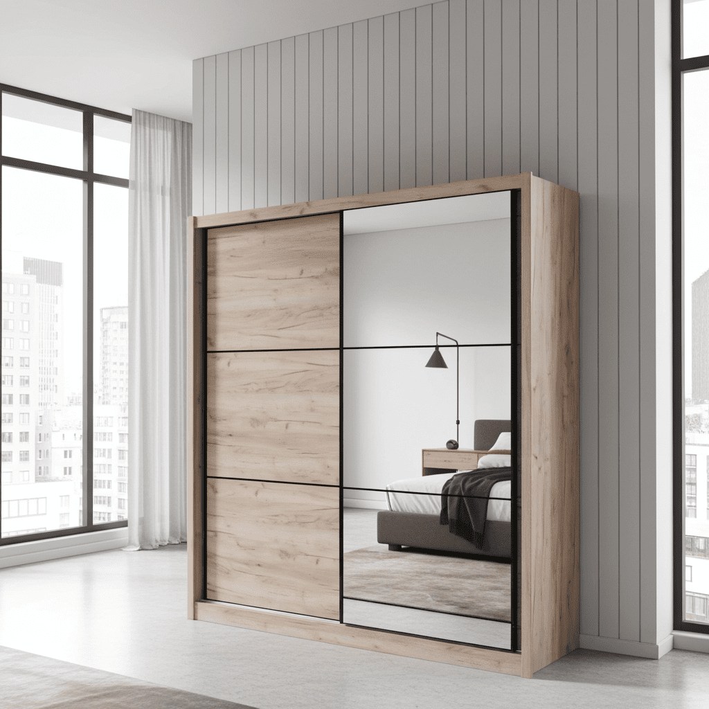 Navara oak effect 215cm two-door sliding wardrobe with full-length mirror