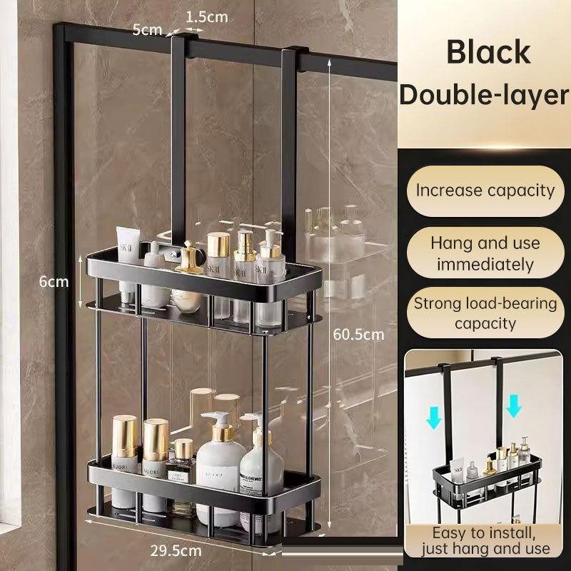 Black double layer no-drill shower caddy hanging over a glass shower screen, 60.5cm tall