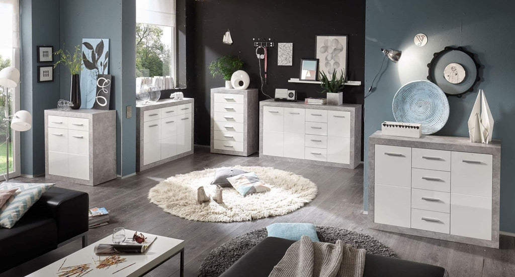 Pietra stone grey and white gloss six-drawer tallboy