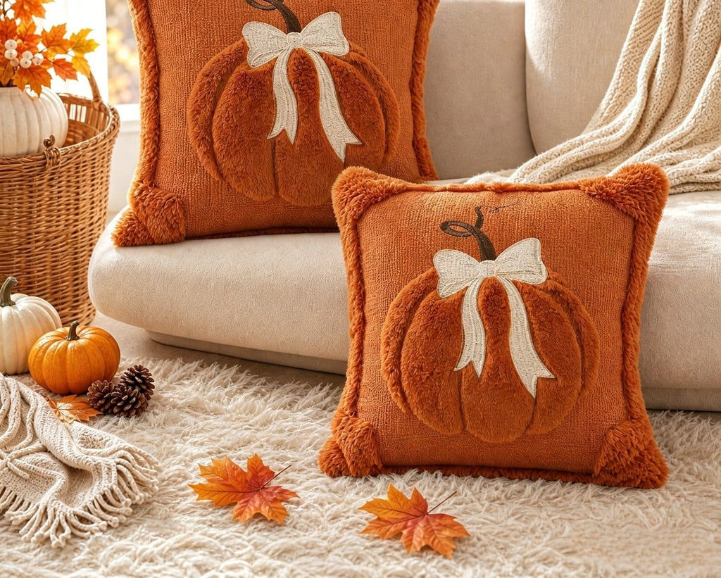 Plush Pumpkin Bow Cushion Cover Set – image 3