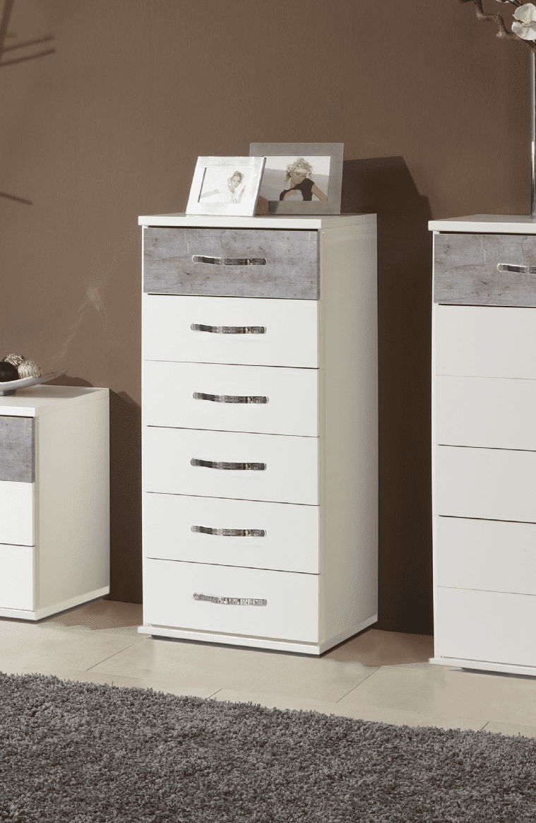 Ramina white and concrete grey narrow six-drawer chest