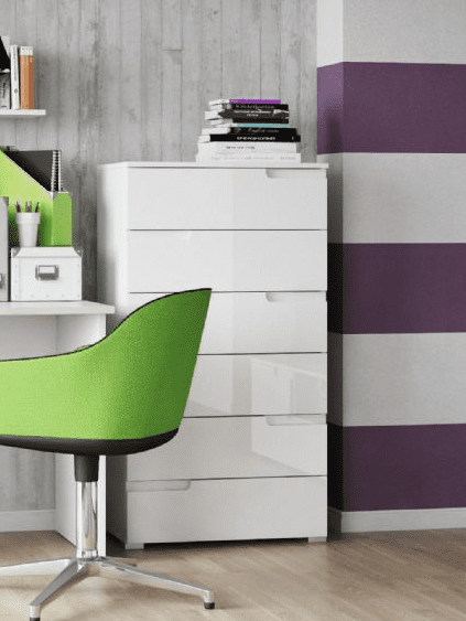 Santino white high gloss tall six-drawer chest with handle-free drawers