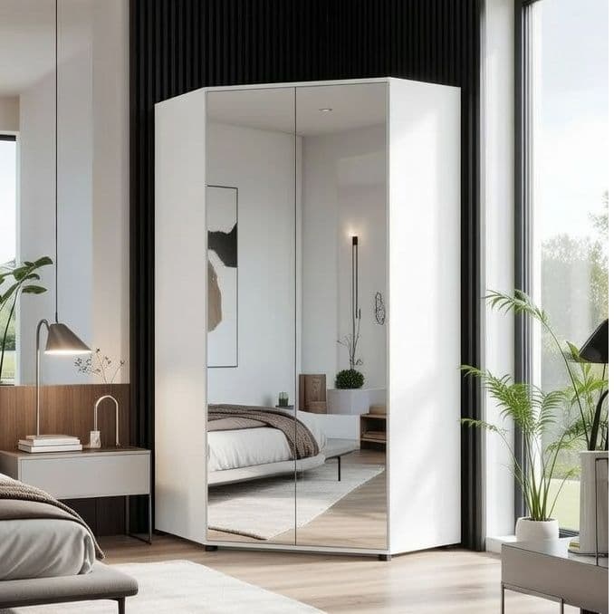 Santino white corner wardrobe with two full-length mirrored doors