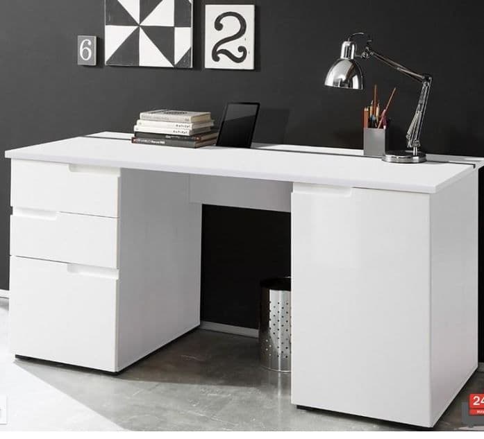 Santino large white gloss computer desk with drawers and cupboards