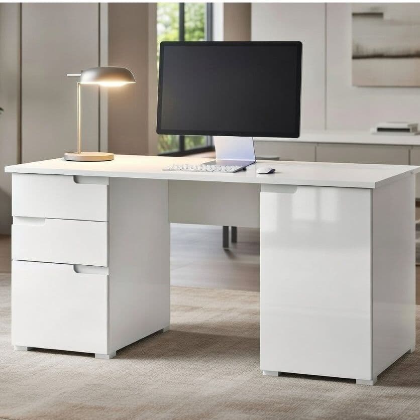 Santino large white gloss computer desk with drawers and cupboards