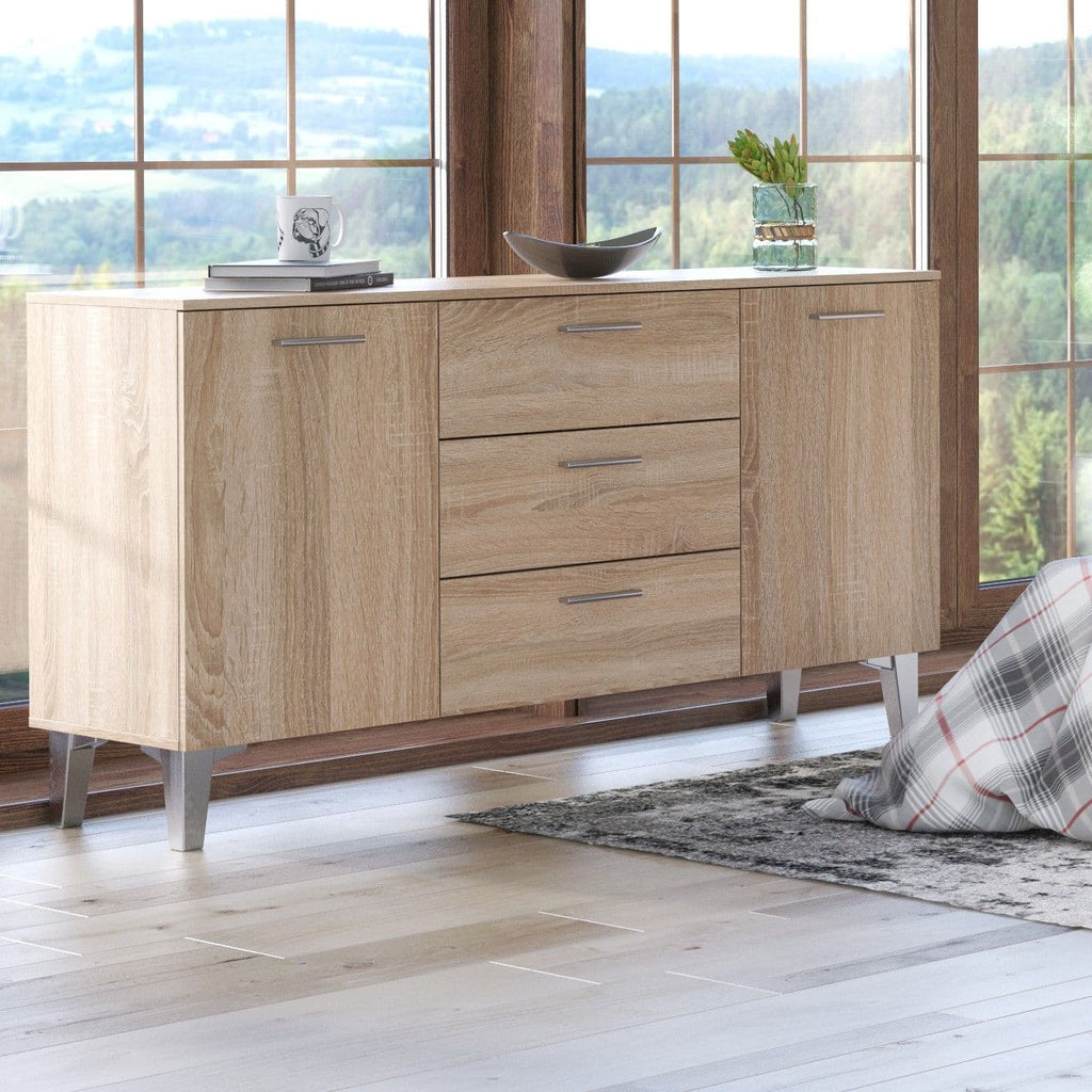 Santino Sonoma oak effect wide sideboard with two doors and three drawers