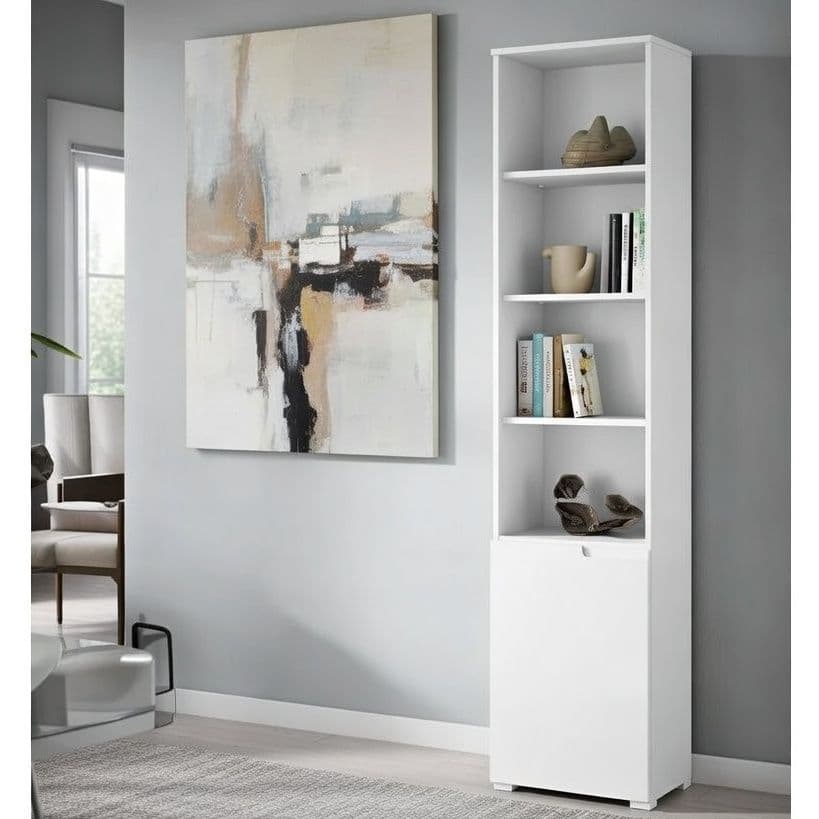Santino tall narrow white bookcase with white gloss cupboard door