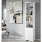Santino tall narrow white bookcase with white gloss cupboard door