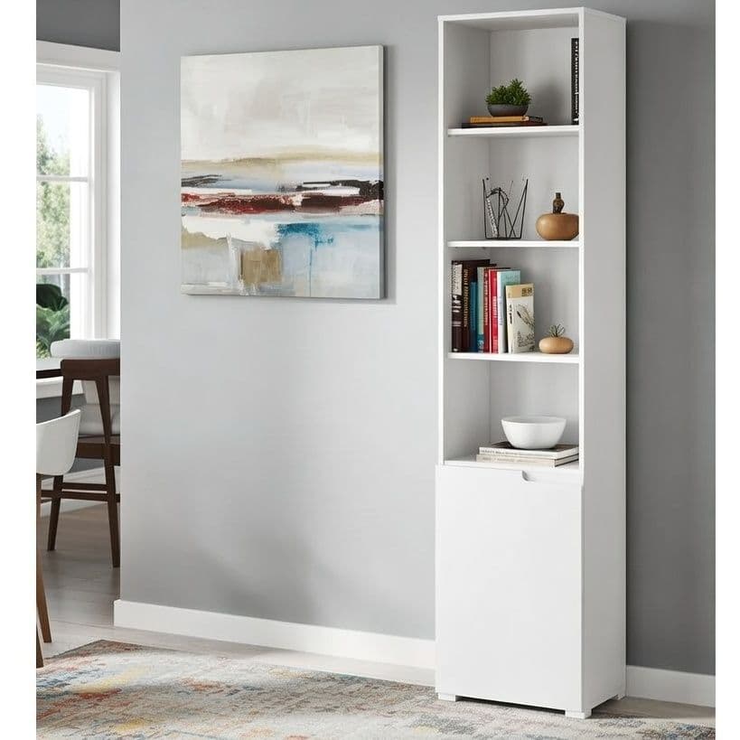 Santino tall narrow white bookcase with white gloss cupboard door
