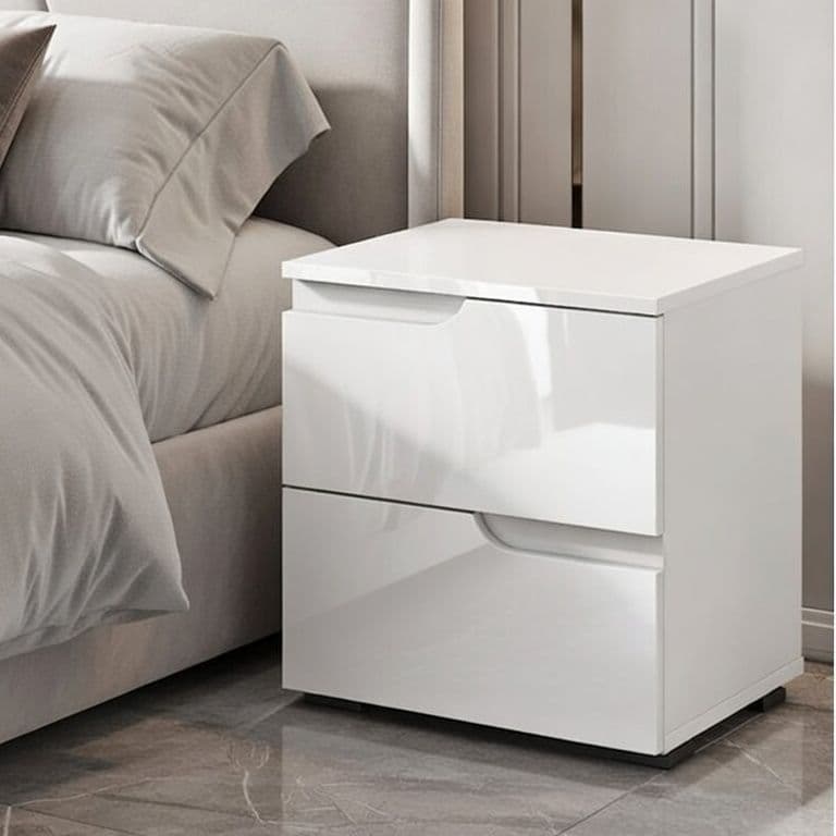 Santino white gloss two-drawer bedside table with handle-free drawers