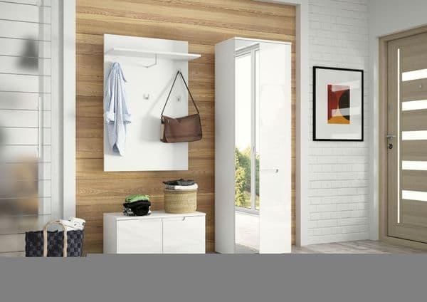Santino white gloss wall-mounted hallway coat rack with shelf and hooks
