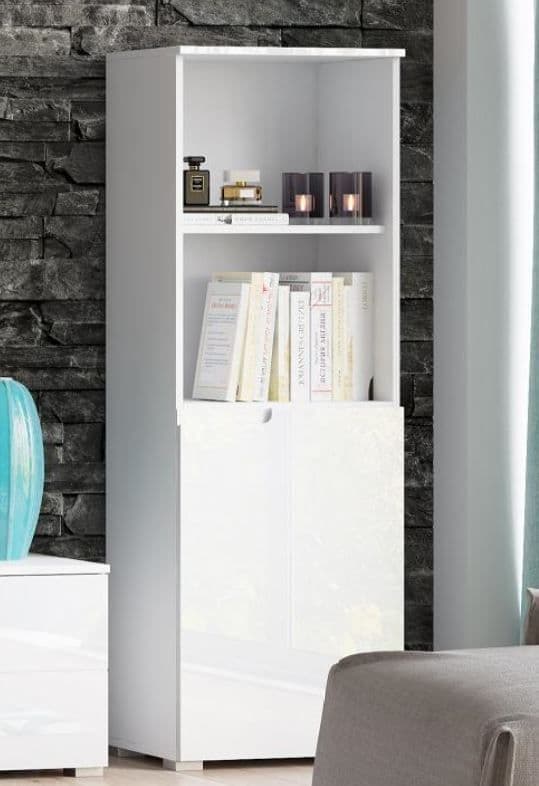 Santino white gloss short narrow bookcase with cupboard