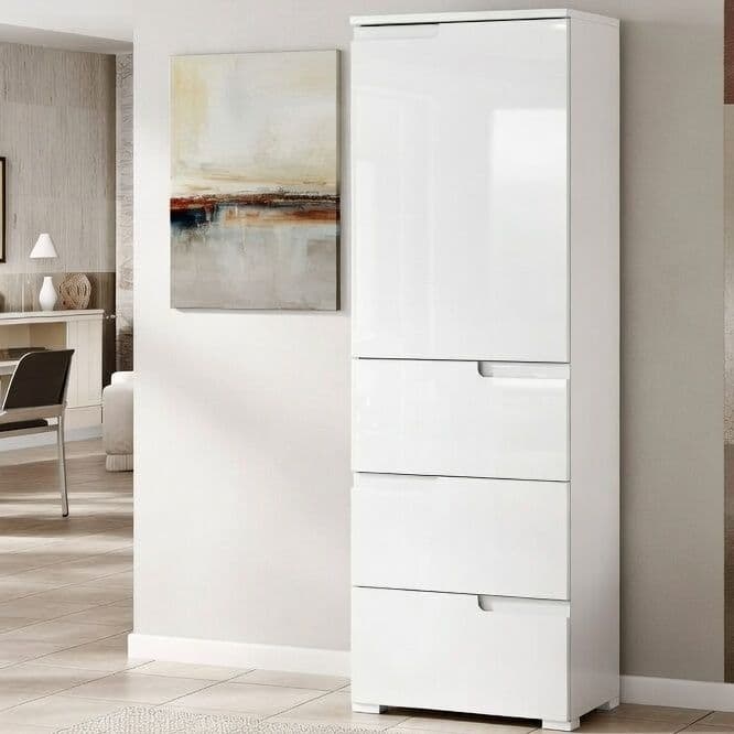 Santino white gloss slim tallboy storage unit with cupboard and three drawers