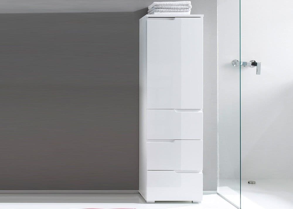 Santino white gloss slim tallboy storage unit with cupboard and three drawers