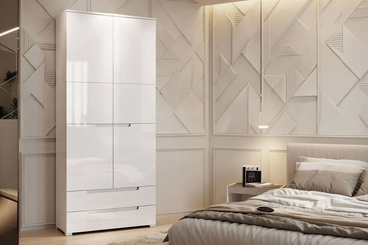 Santino white high gloss two-door wardrobe with two drawers