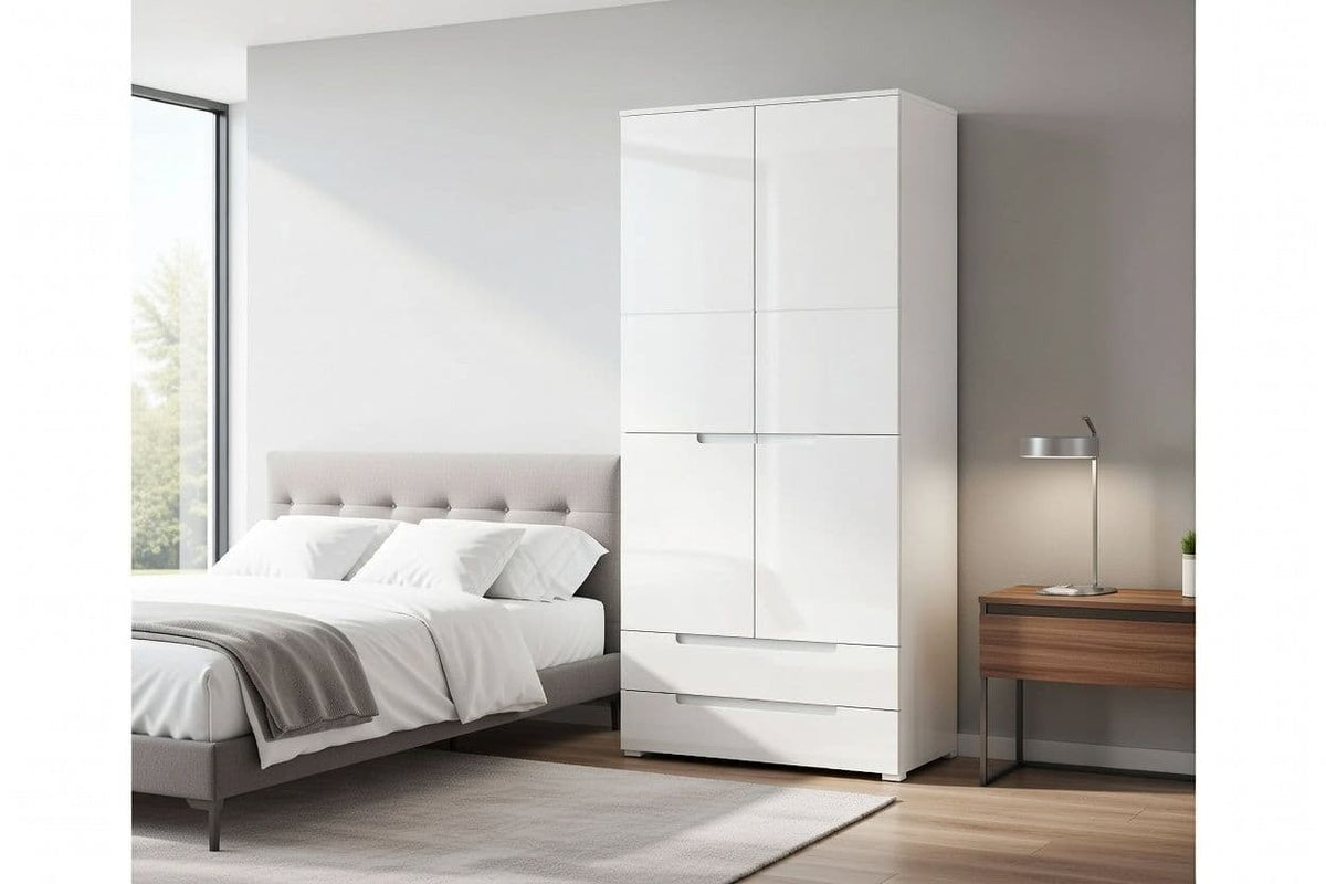 Santino white high gloss two-door wardrobe with two drawers