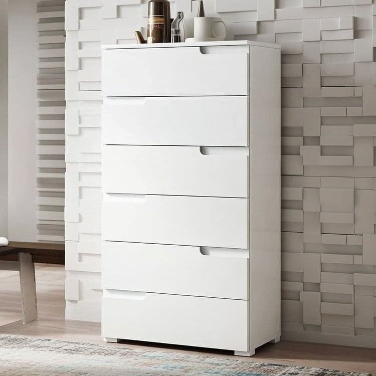 Santino white high gloss tall six-drawer chest with handle-free drawers