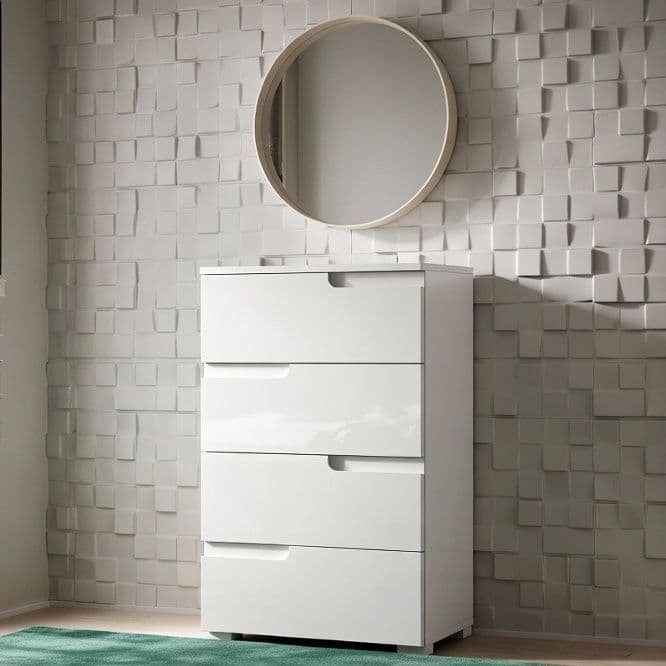 Santino white high gloss narrow four-drawer chest with handle-free drawers