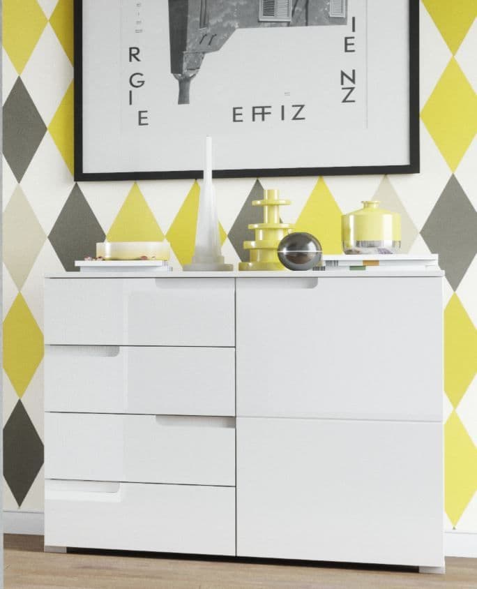 Santino white high gloss sideboard with four drawers and a cupboard