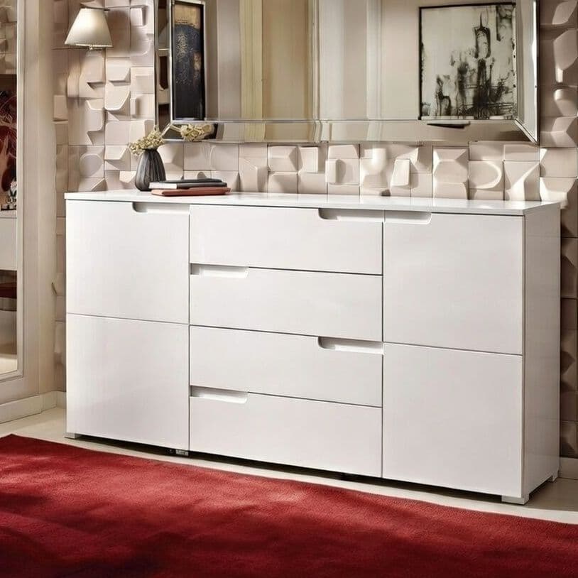 Santino white high gloss wide sideboard with four drawers and two doors