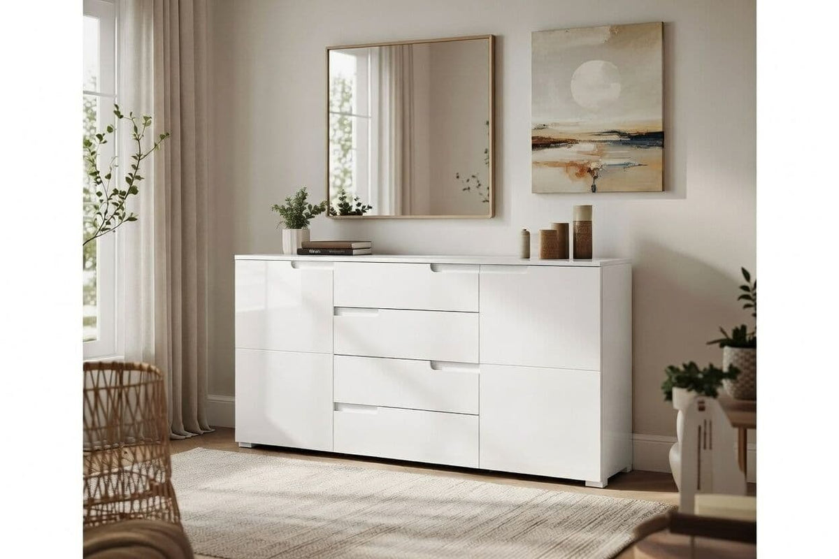 Santino white high gloss wide sideboard with four drawers and two doors