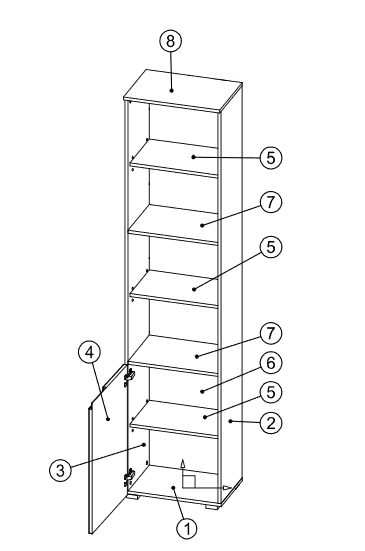 Santino tall narrow white bookcase with white gloss cupboard door
