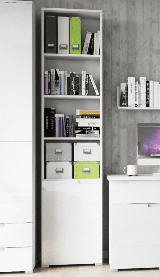 Santino tall narrow white bookcase with white gloss cupboard door