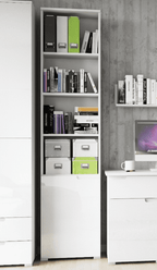 Santino tall narrow white bookcase with white gloss cupboard door