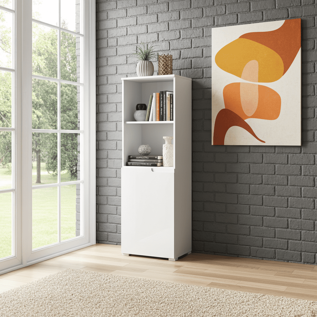 Santino white gloss short narrow bookcase with cupboard