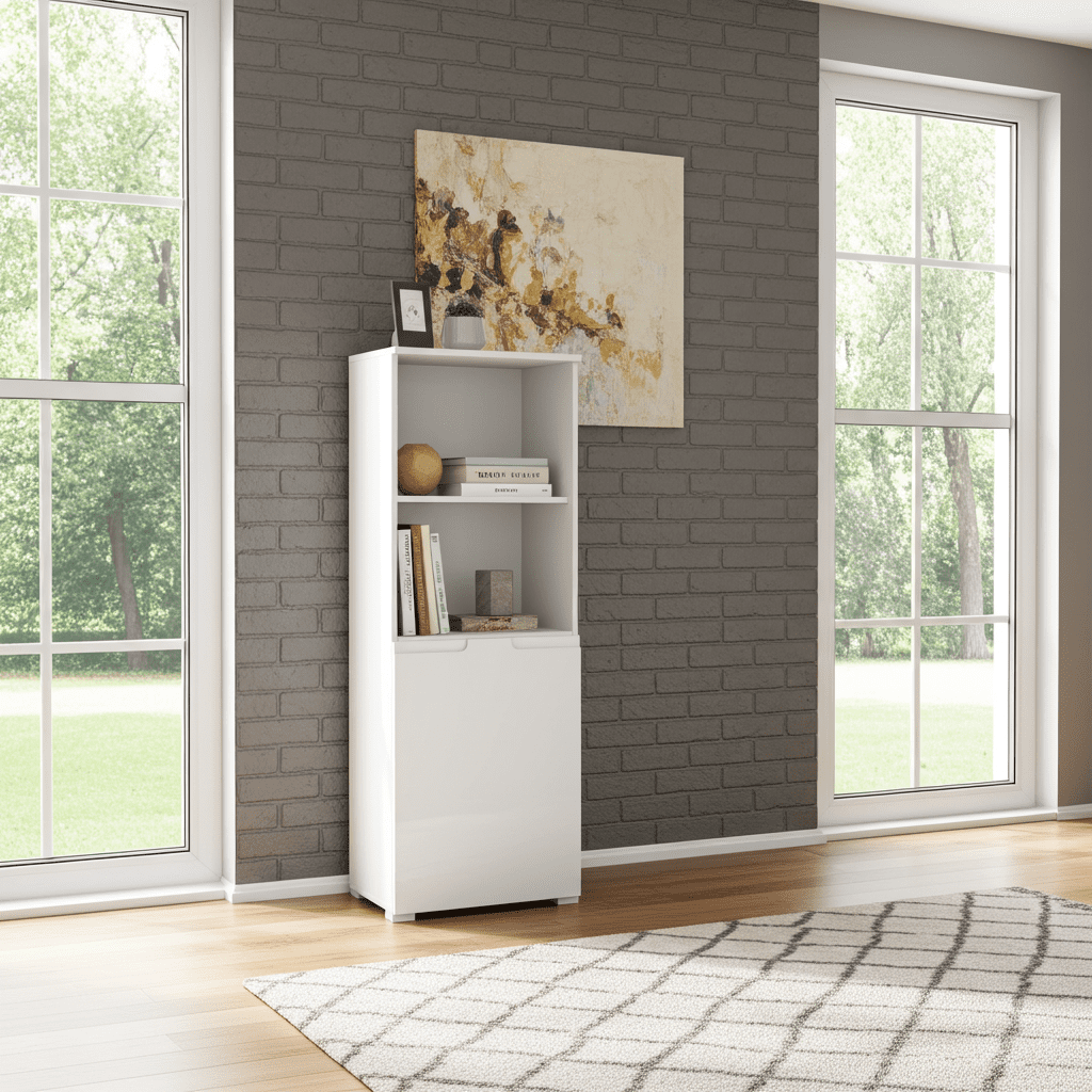 Santino white gloss short narrow bookcase with cupboard