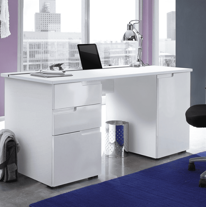 Santino large white gloss computer desk with drawers and cupboards