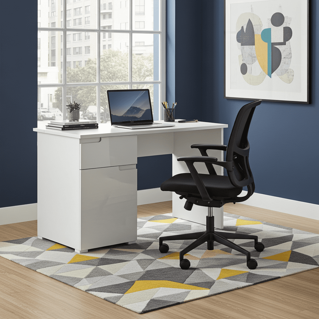 Santino white gloss computer desk with drawer and cupboard