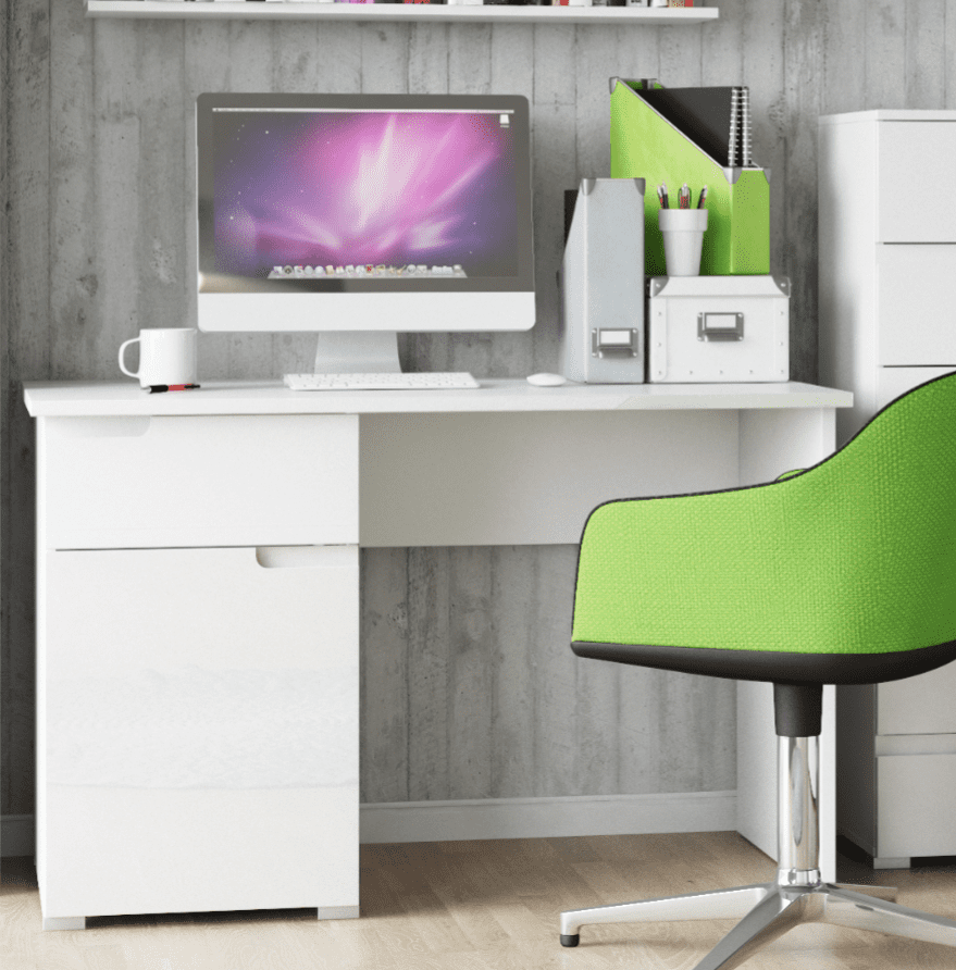 Santino white gloss computer desk with drawer and cupboard
