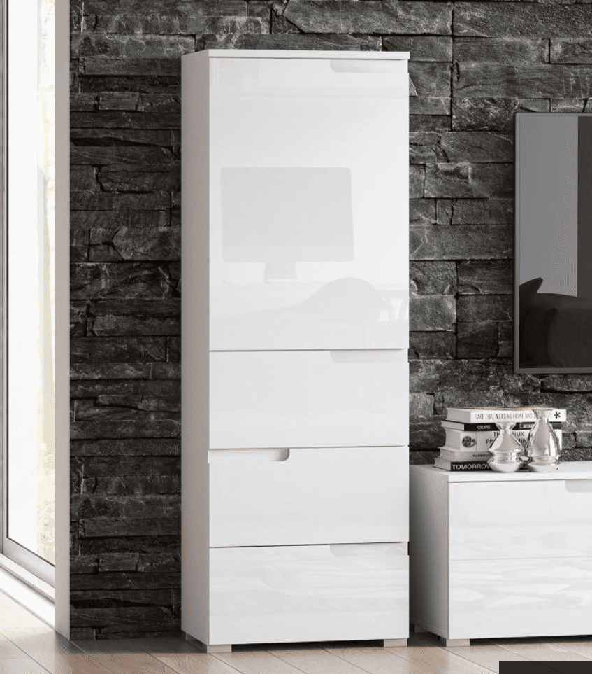 Santino white gloss slim tallboy storage unit with cupboard and three drawers