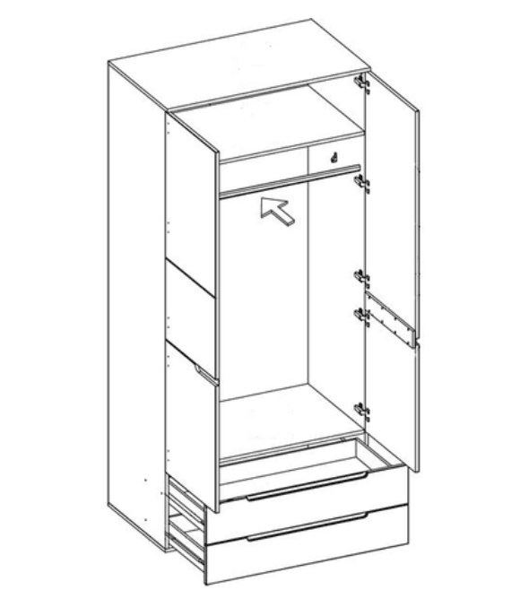 Santino white high gloss two-door wardrobe with two drawers