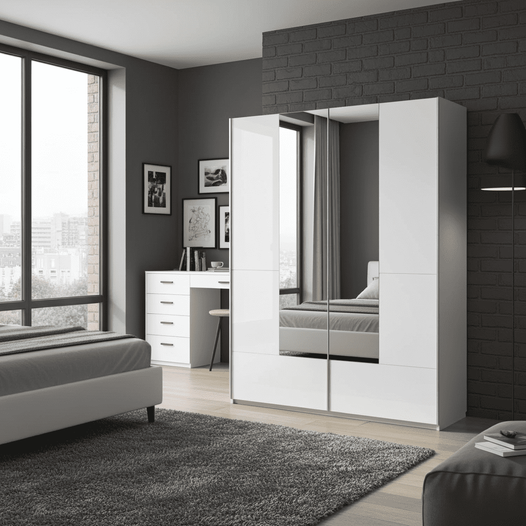Santino white gloss 164cm sliding wardrobe with mirrored panels