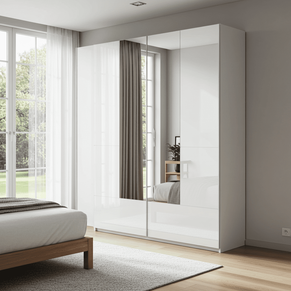Santino white gloss 164cm sliding wardrobe with mirrored panels
