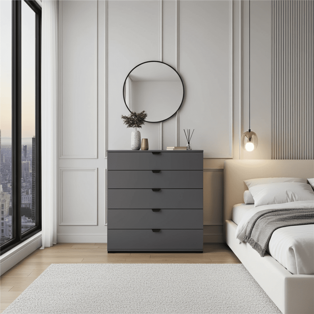 Valentina graphite grey wide five-drawer chest