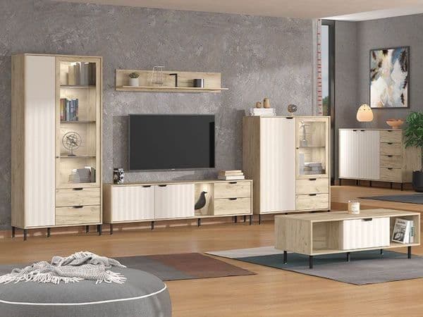 Vivea Grey Oak & Cashmere Slatted Tall Display Cabinet